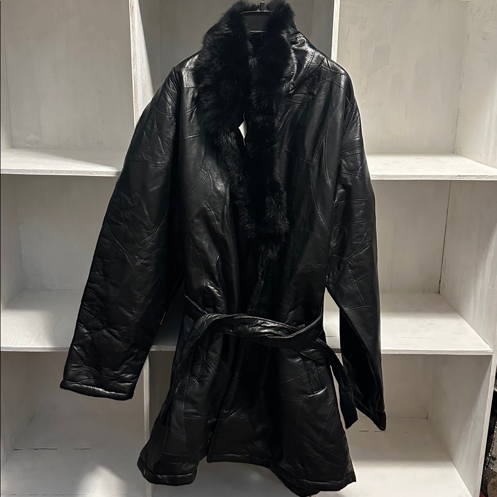 Arielle Genuine Rabbit Fur Collar With Leather Outer Shell Coat NWT Size 2x